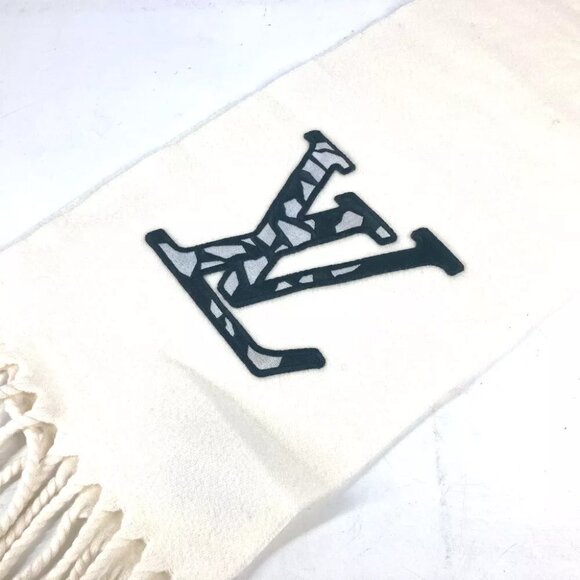 LOUIS VUITTON M79377 LV SKI Scarf-LV Ice Fringe LV logo Scarf wool White/Black - Picture 13 of 14